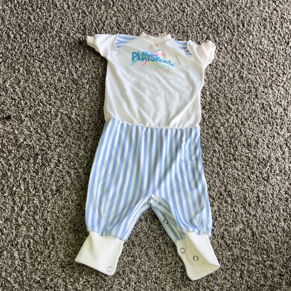 Vintage Playskool Blue and White Striped Kids Footie Sz 6-9 mo